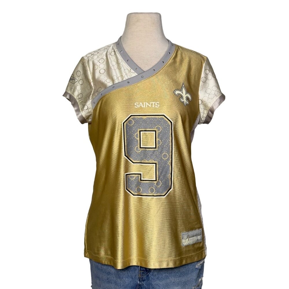 Reebok Saints Gold Silver Drew Brees No. 9 Rhinestone NFL Football Jersey Size M